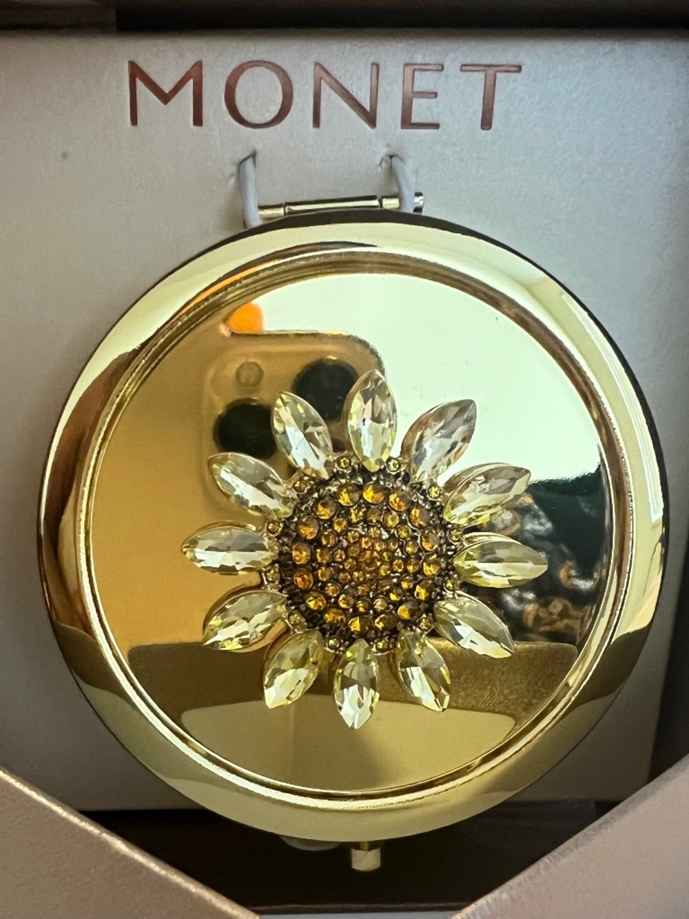 NIB Monet Gold Tone Sunflower Compact Mirror